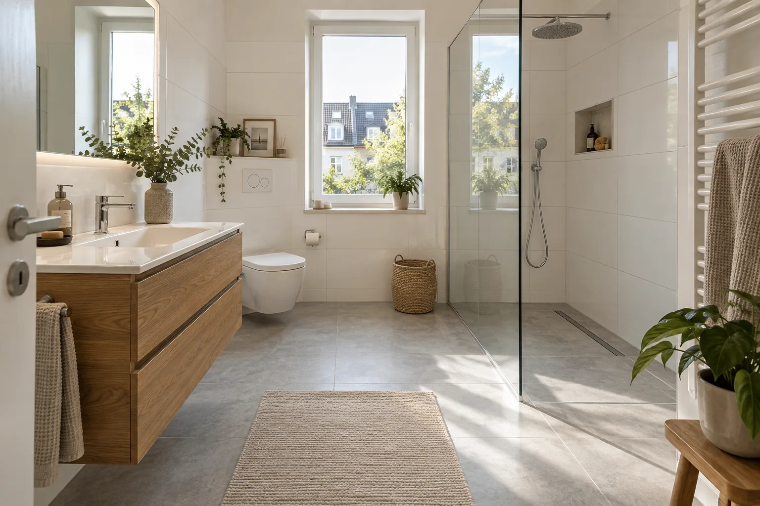 Visualisierung eines hellen Badezimmers mit Dusche
