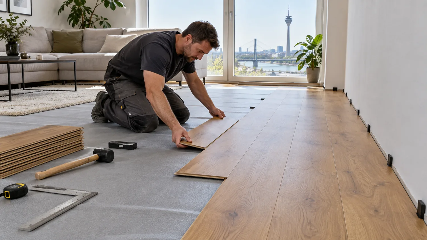 Illustrative Szene eines Handwerkers beim Verlegen von Laminat