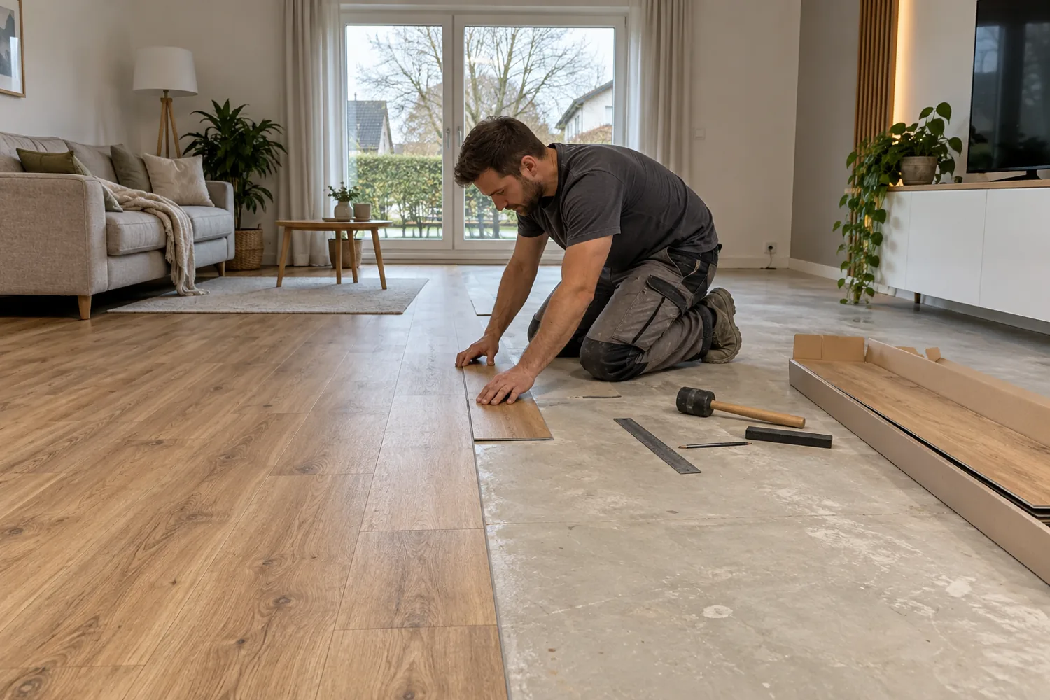 Illustration eines zur Hälfte mit Vinyl verlegten Wohnraums